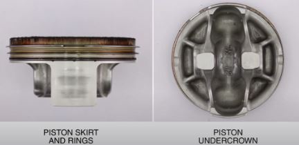 Motorcycle piston skirt and rings