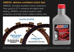 Amsoil dirt bike oil bottle and clutch plate wear protection explanation and diagram with Amsoil synthetic dirt bike oil v. OEM oil